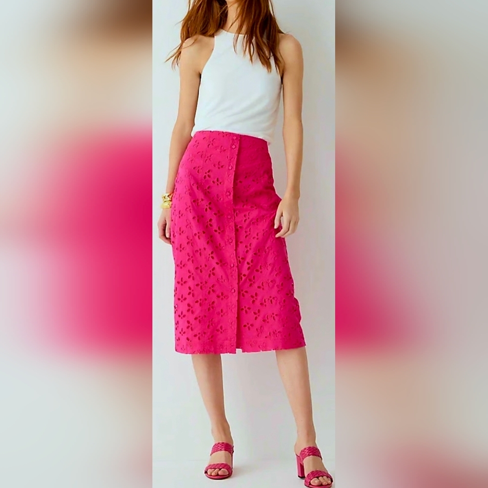 Hot Pink Button-Front Eyelet Skirt Gift Floral Party Spring Summer Travel Work